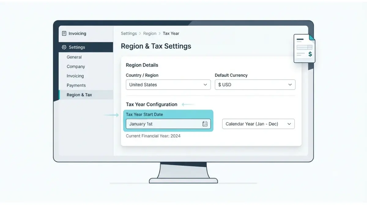 Invoice Simple tax year settings and Region options