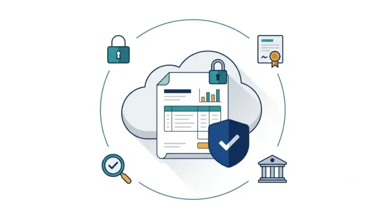 Is Zoho Books Legit? Vector illustration of accounting ledger with security shield, privacy lock, audit certificate and verification magnifying glass