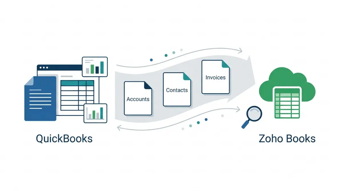 Flat vector illustration showing QuickBooks accounting data moving to Zoho Books through a secure migration route