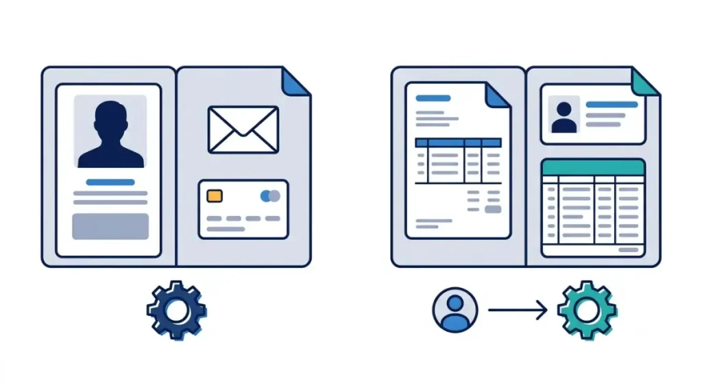 Zoho Books data categories illustrated with account details on one side and invoices, customer contacts and ledgers on the other.