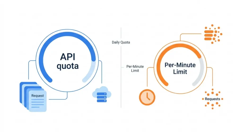 Zoho Books API limits vector illustration showing separate daily API request quotas and per-minute rate limits