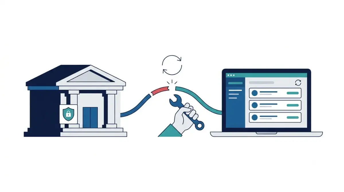 Zoho Books Bank Feed not syncing: flat vector illustration showing a broken bank-to-accounting-software connection being repaired.