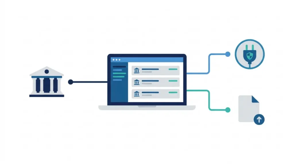Zoho Books Bank Feed setup options: vector illustration showing Plaid or Yodlee, Token, and manual bank statement import connections.