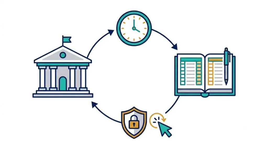 Zoho Books Chase Bank Feed 24-hour refresh cycle and manual refresh for multi-factor authentication, vector illustration on a white background