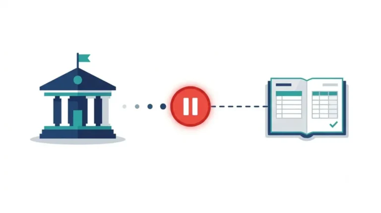 Zoho Books Chase Bank Feed stalled between Chase and accounting software, shown in a flat vector illustration on a white background