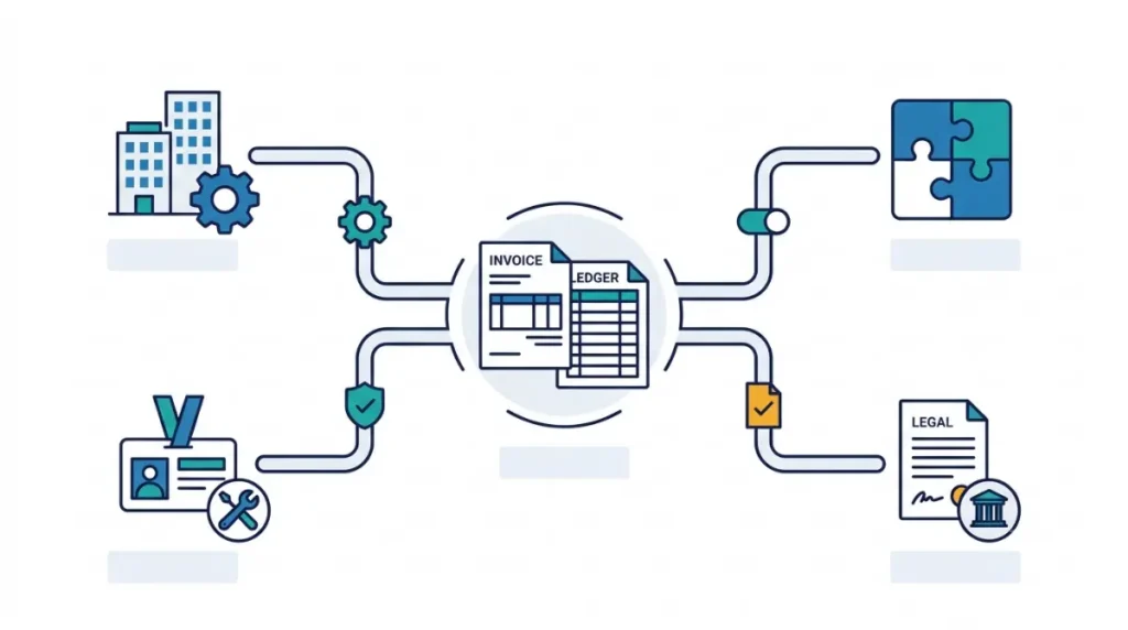Zoho Books accounting records connected to service providers, designated personnel, enabled integrations and legal-disclosure routes.