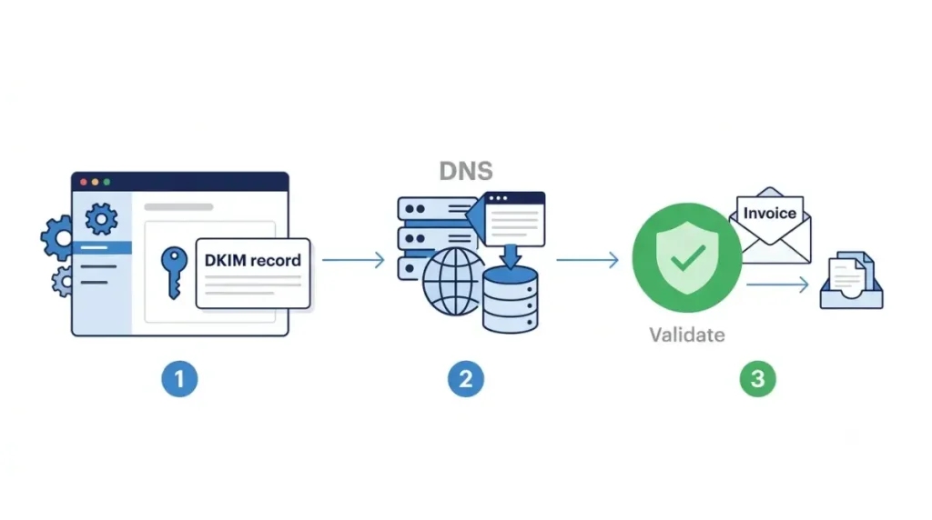 Zoho Books Emails DKIM authentication process: copy the DKIM record, add it to DNS, and validate the sender domain.