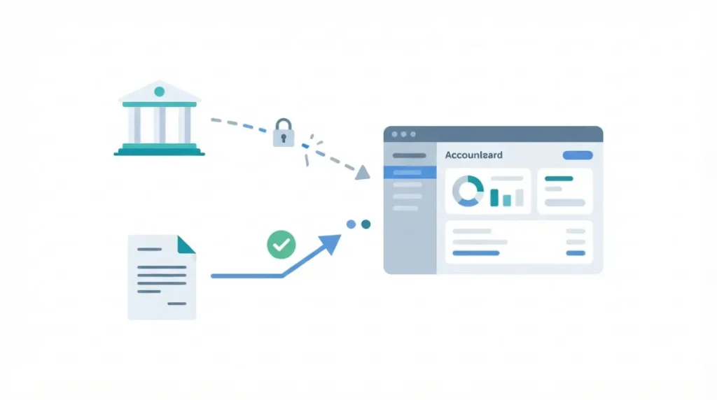 Zoho Books Free bank feeds vector illustration comparing automatic feeds with manual bank statement import and reconciliation