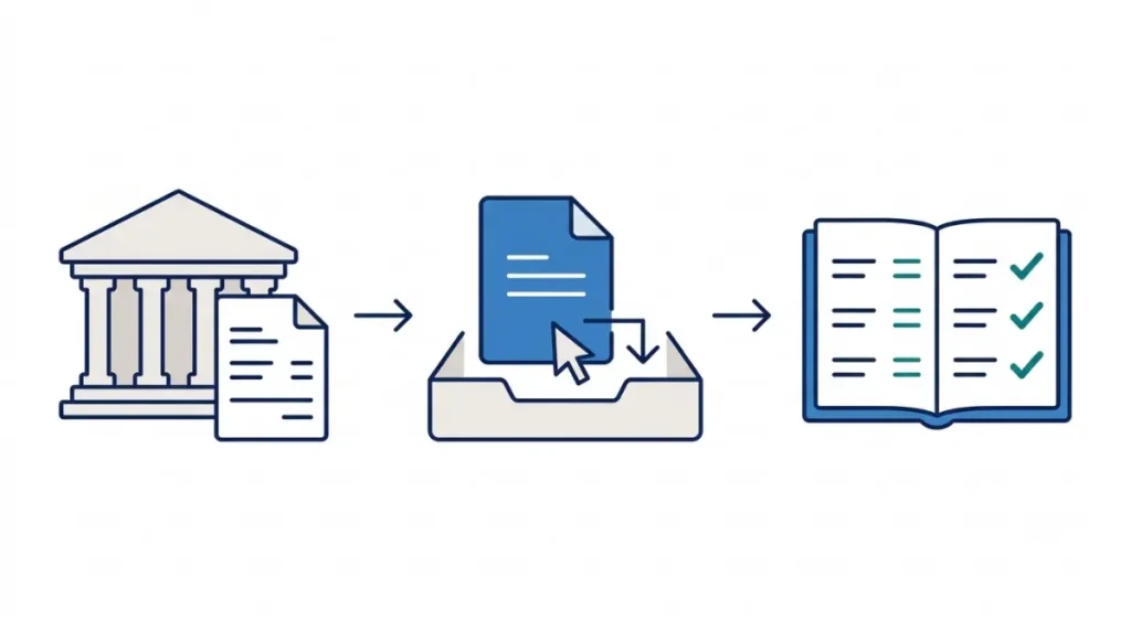 “A bank statement passes through a manual file import into a reconciled ledger, illustrating the Zoho Books Free banking workflow.”