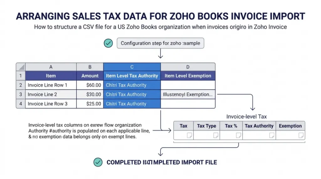 Zoho Books invoice import spreadsheet with item-level tax authority and exemption columns highlighted.
