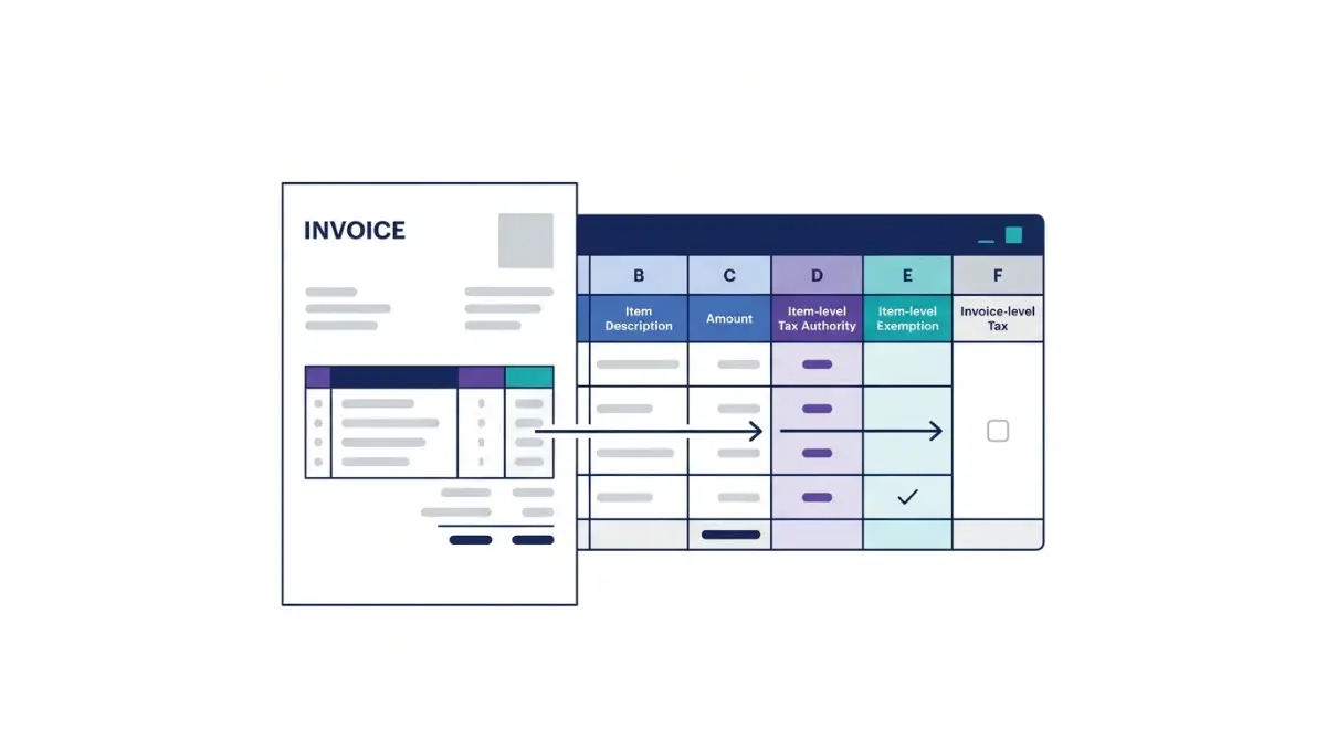 Zoho Books invoice import showing sales tax field mapping between invoice lines and spreadsheet columns.