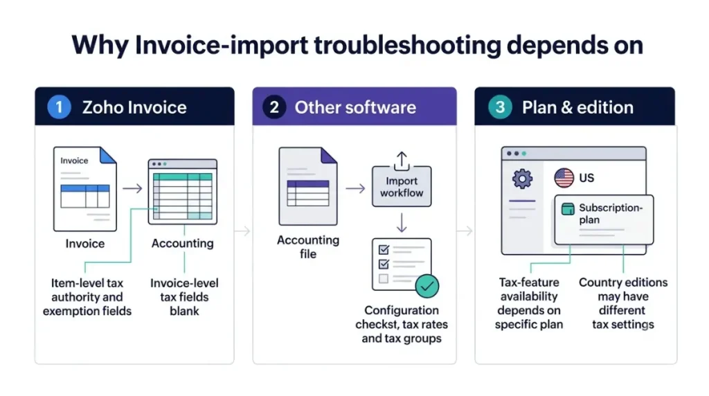 Zoho Books invoice import workflow comparison for Zoho Invoice exports, other accounting software, and plan limitations.