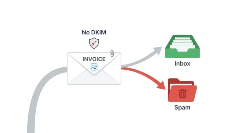 Zoho Books Emails going to spam because the sender domain lacks DKIM authentication, shown with an invoice email diverted from the inbox to spam.