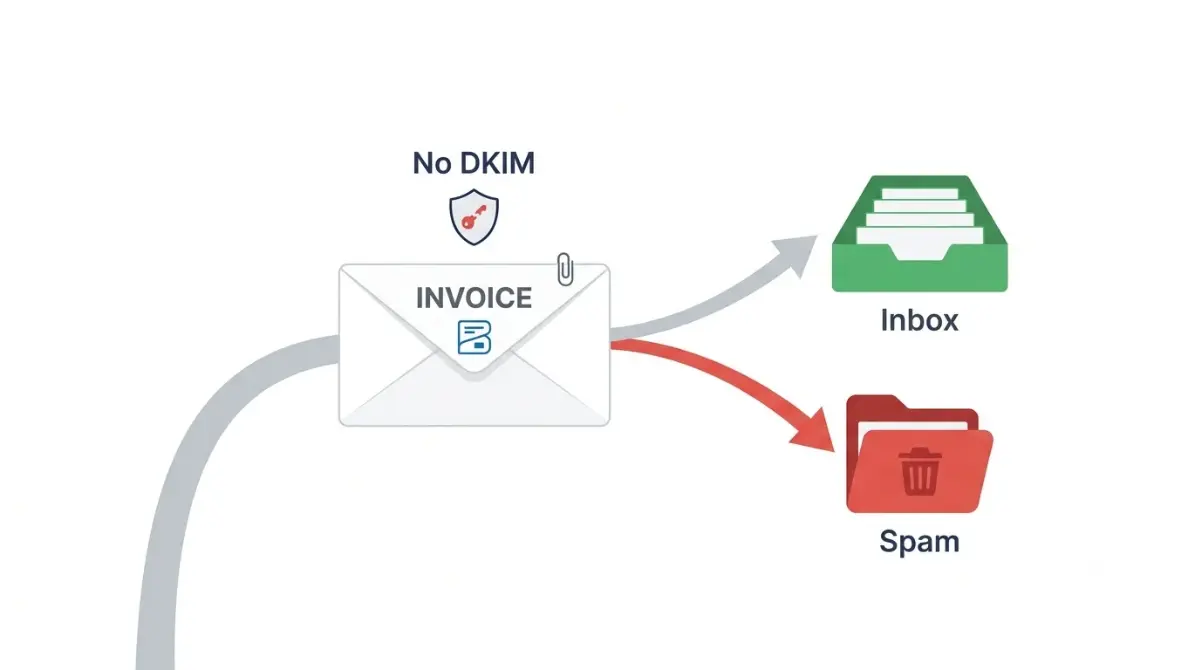 Zoho Books Emails going to spam because the sender domain lacks DKIM authentication, shown with an invoice email diverted from the inbox to spam.