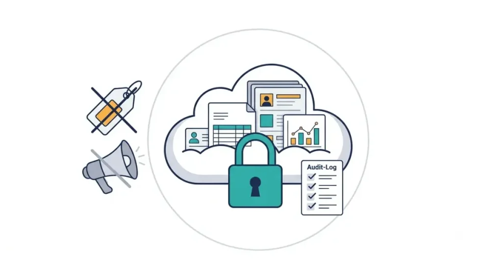 Zoho Books Legit privacy review: vector illustration of protected accounting data in a cloud vault with padlock and crossed-out advertising price tag