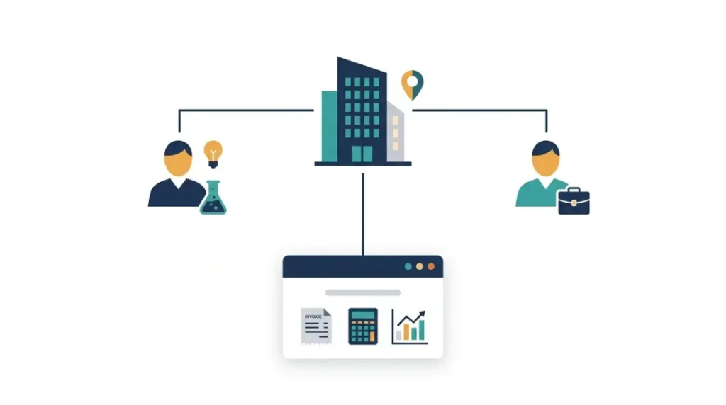 Zoho Books Legit ownership review: vector illustration of accounting product connected to company headquarters, founders and leadership structure