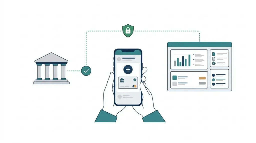 Zoho Books Mobile app add bank account vector illustration showing a person connecting a bank account to a cloud accounting app from a smartphone