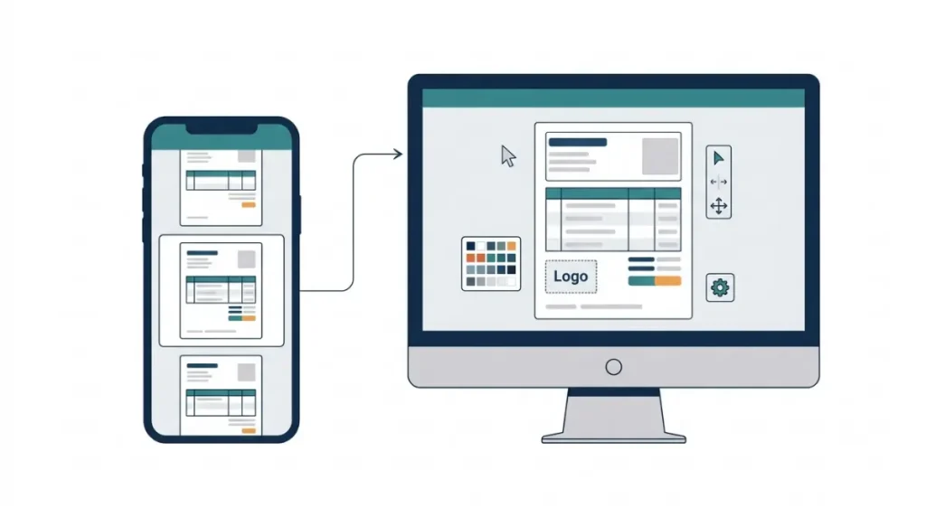 Zoho Books Mobile app template editing limitation vector illustration showing invoice template selection on a phone and detailed template editing on a desktop