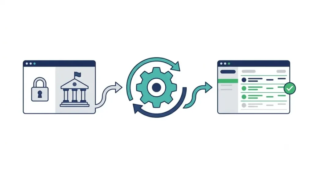 How to refresh a Chase Bank Feed in Zoho Books, vector workflow illustration showing secure bank login, refresh action, and updated transactions