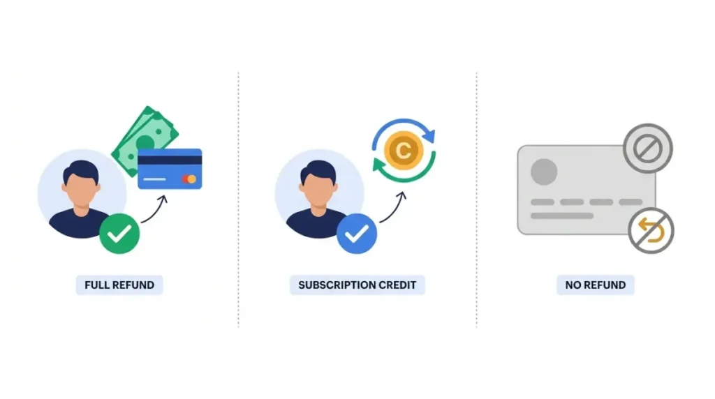 Zoho Books refund coverage showing full cash refund, subscription credit, and no-refund situations