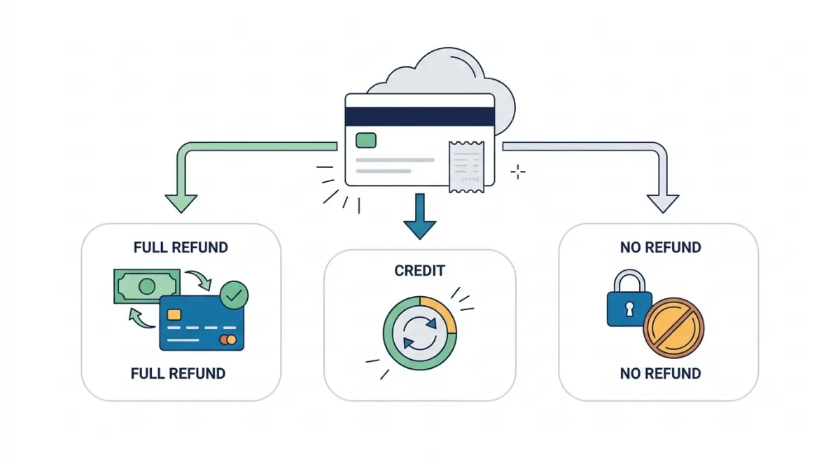 Zoho Books refund policy decision flow showing full refund, subscription credit, or no refund