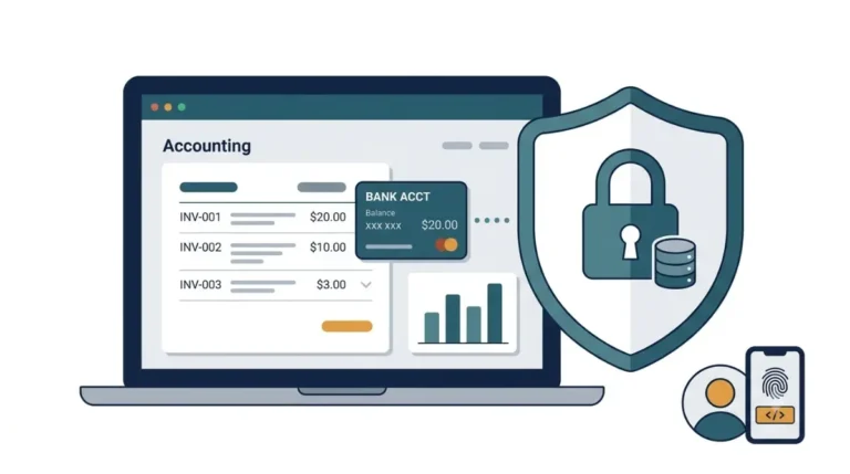 Zoho Books financial data protected by encryption, a security shield, and multi-factor authentication.