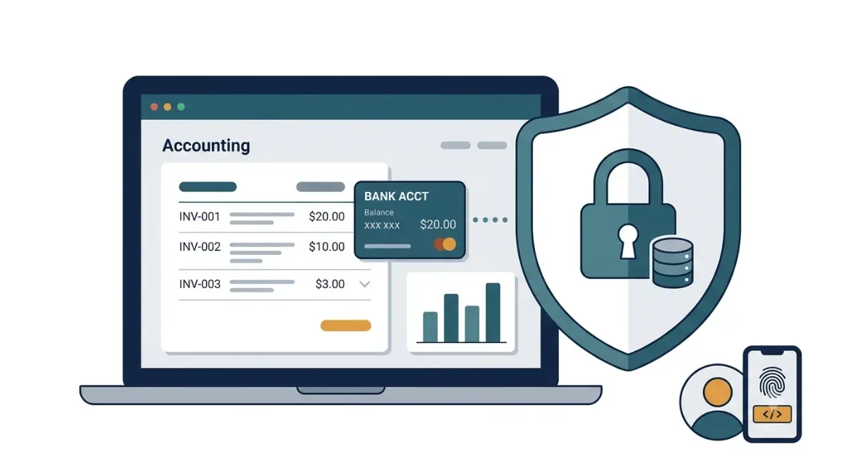 Zoho Books financial data protected by encryption, a security shield, and multi-factor authentication.