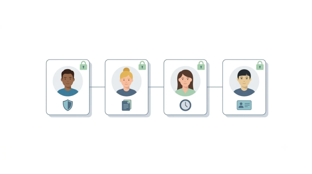Zoho Books User Roles default roles vector illustration showing Admin, Staff, Timesheet Staff, and Assigned Customers Only access levels